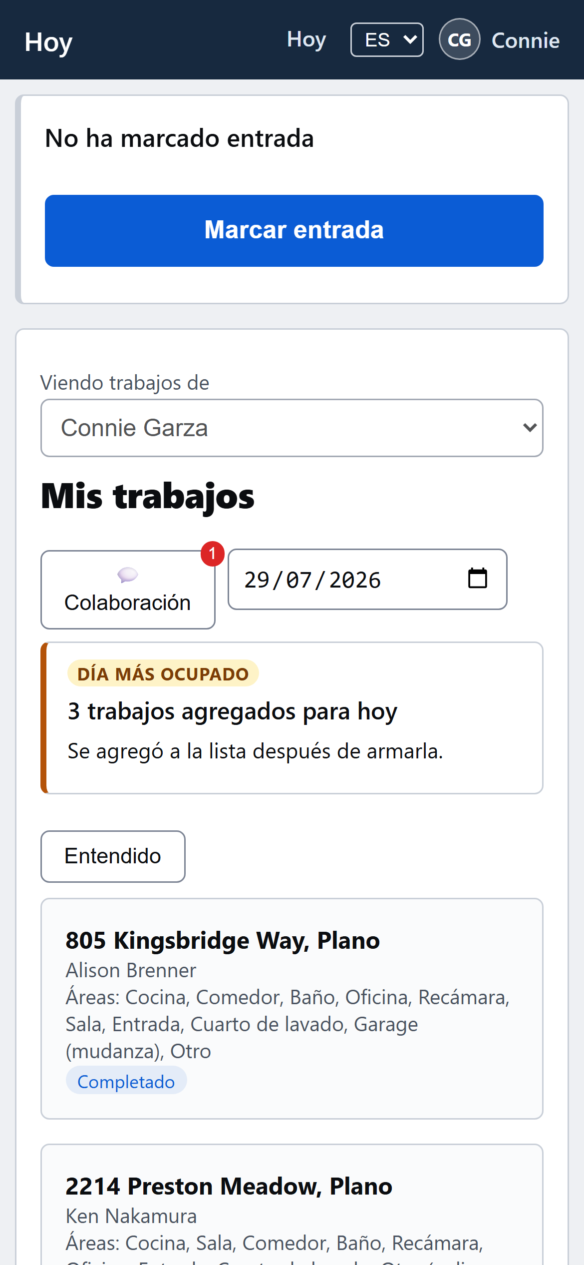 La pantalla de la cuadrilla en el teléfono
