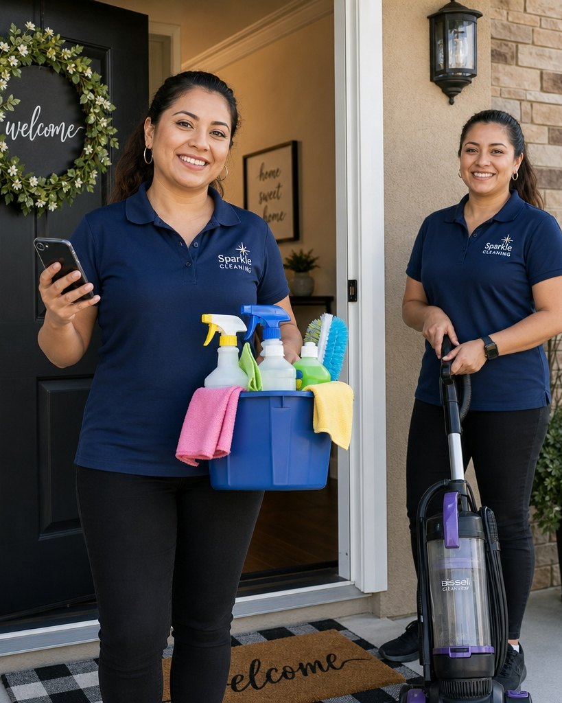 Two cleaners at a customer's front door, one holding a phone and a caddy of supplies