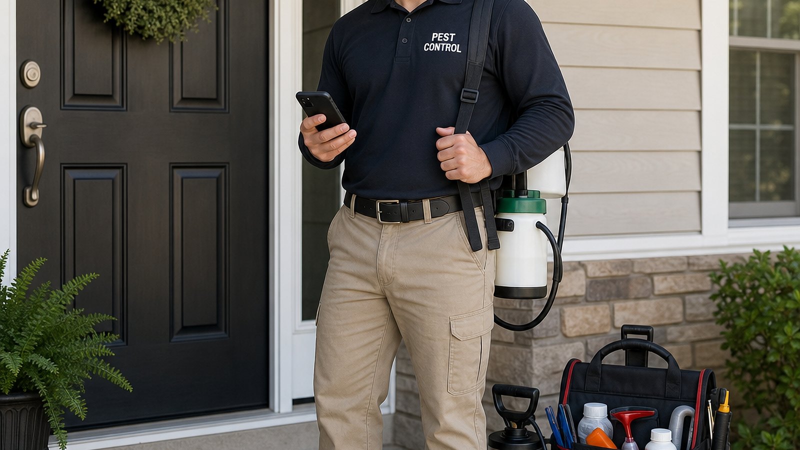 A pest control technician at a front door with his equipment and phone